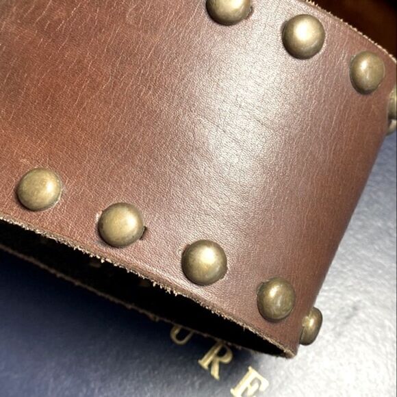 RRL * Distressed Brown Vachetta Leather Playing Card Brass Stud Kidney Belt - Picture 15 of 16